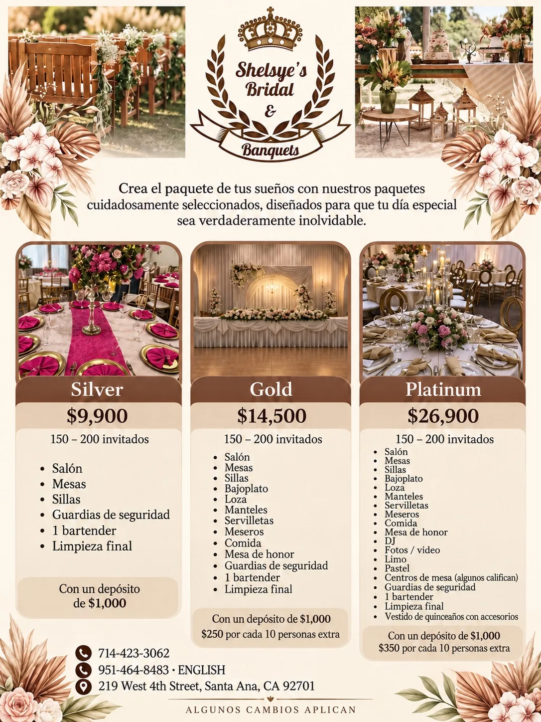 Shelsye's Bridal quinceañera banquet packages in Santa Ana, California